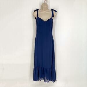 Reformation Nikita Midi Dress Sz 0 Navy Corset Bodice Lined Tie Straps Chiffon